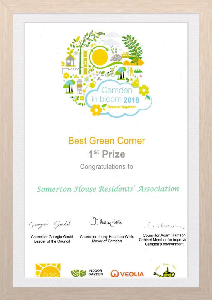 Best Green Corner, Camden in Bloom 2018 Somerton House